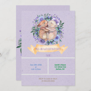Twin Bunnies Purple Floral Birthday Party Invites