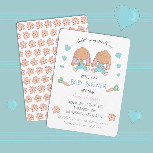 Twin Bunnies Spring Easter Baby Shower Invitation (Twin boys bunnies spring baby shower .)