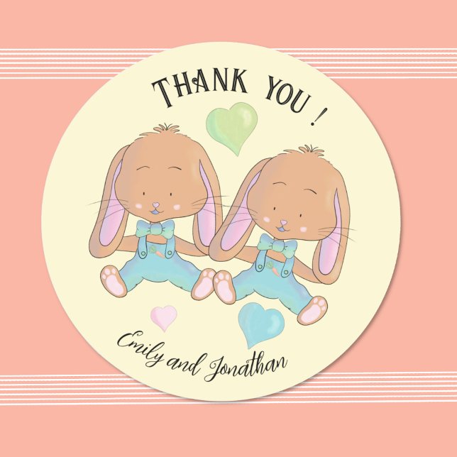Twin Bunnies Spring Thank You Yellow Sticker (Watercolor twin bunnies spring baby shower thank you sticker .
)