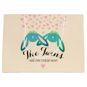  Twin Bunny Lovely Baby Shower Light Yellow Party Large Gift Bag