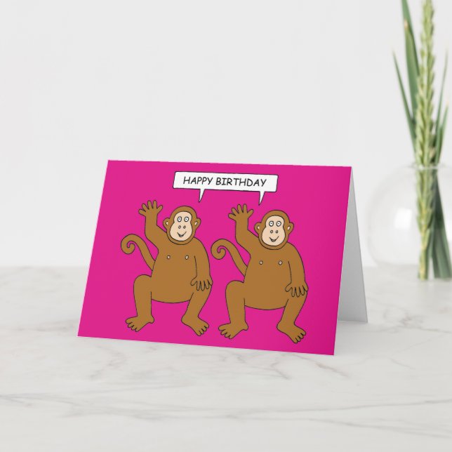 Twin Cartoon Monkeys Saying ‘Happy Birthday’. Card (Front)