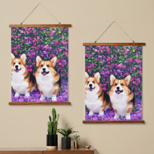Twin Corgis in the Garden Hanging Tapestry