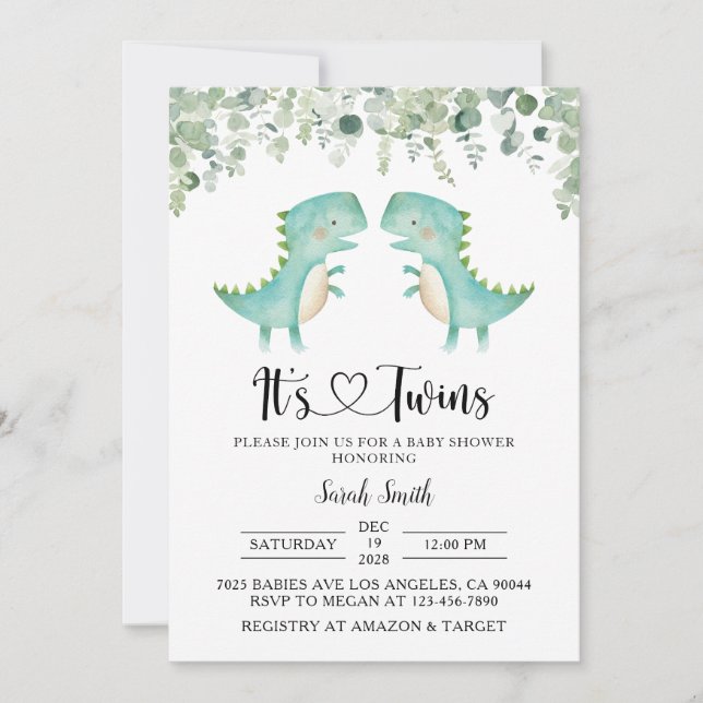 Twin Dinosaurs Baby Shower Invitation (Front)