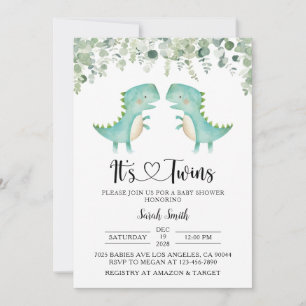 Twin Dinosaurs Baby Shower Invitation