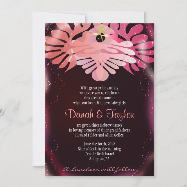 Twin Doves Jewish Baby Naming Invitation Hebrew (Front)