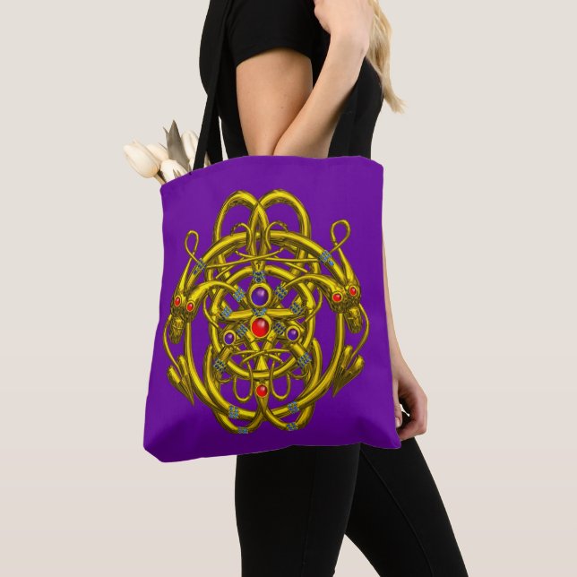 TWIN DRAGONS Gold Celtic Knots,Gemstones in Purple Tote Bag (Close Up)