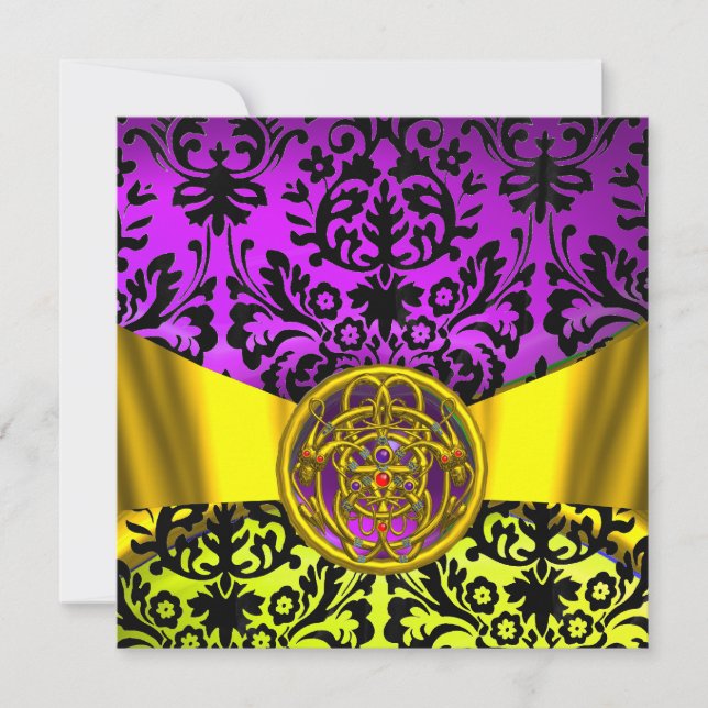 TWIN DRAGONS GOLD PURPLE BLACK DAMASK MONOGRAM INVITATION (Front)