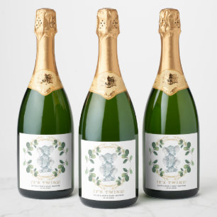 Twin Elephant Baby Shower Greenery Gold Foliage Sparkling Wine Label
