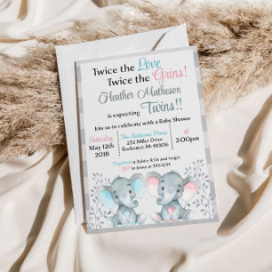 Twin Elephant Baby Shower Invitation