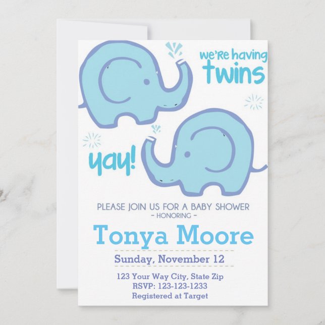Twin Elephant Baby Shower Invitation (boys) (Front)