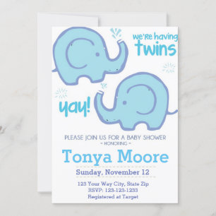 Twin Elephant Baby Shower Invitation (boys)