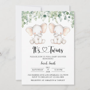 Twin Elephant Baby Shower Invitations