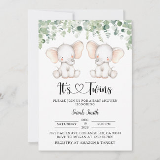 Twin Elephant Baby Shower Invitations