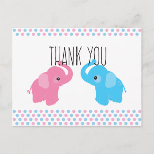 Twin Elephant Baby Shower Thank You Postcard