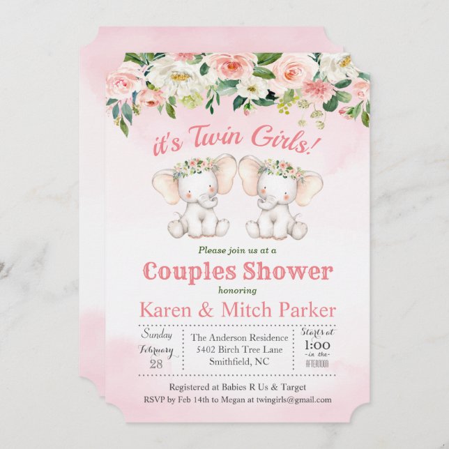 TWIN Elephant Floral Baby Shower Invitation (Front/Back)