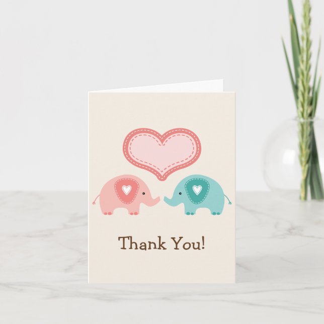 Twin Elephants Baby Shower Thank You Card (Front)