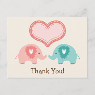 Twin Elephants Baby Shower Thank You Postcard