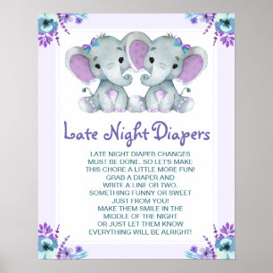 Twin Elephants Late Night Diapers Baby Shower Game Poster