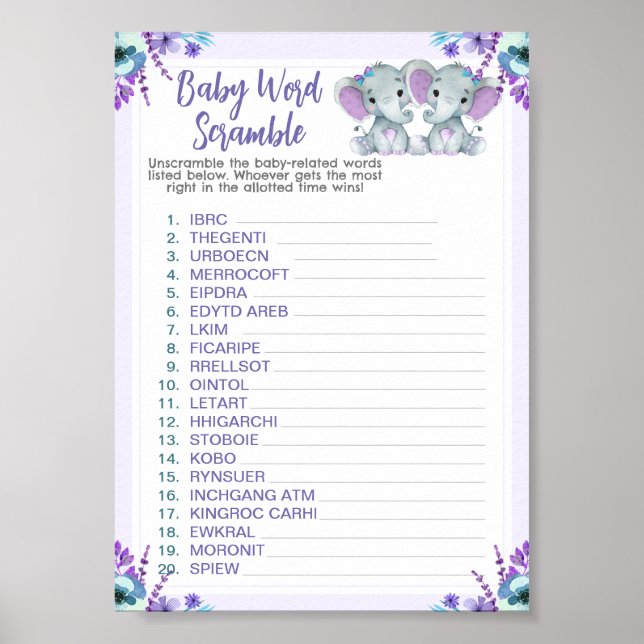 Twin Elephants Word Scramble Baby Shower Game Poster (Front)