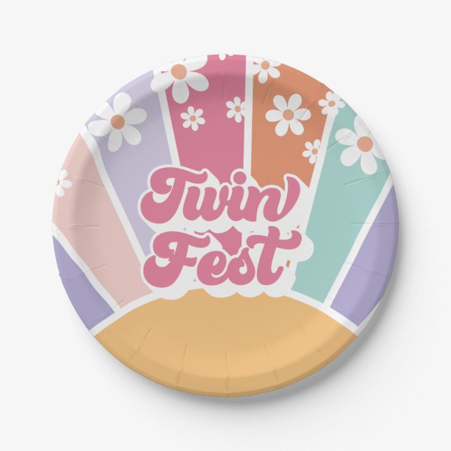Twin Fest Retro Sunshine Rainbow Daisy Paper Plate (Front)