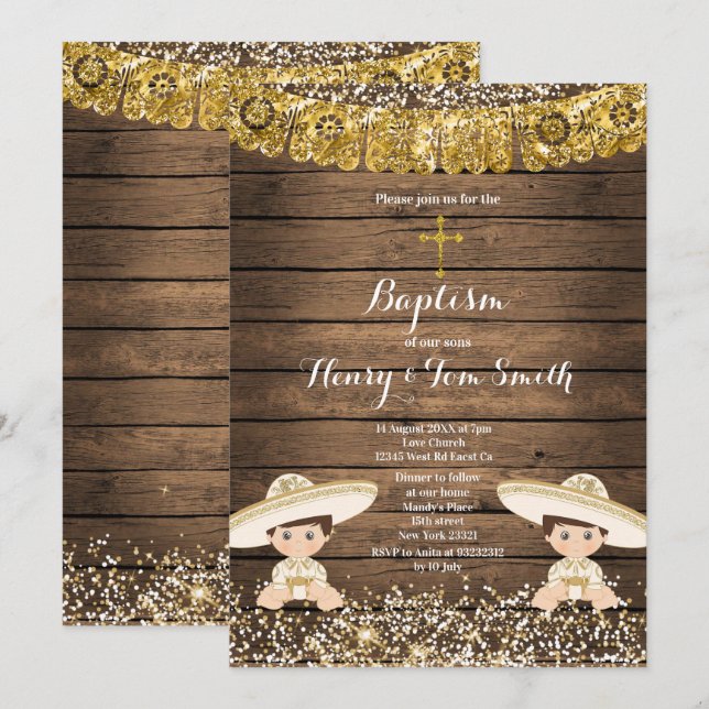 Twin Fiesta Boy Twin Baptism Christening Wood Invitation (Front/Back)