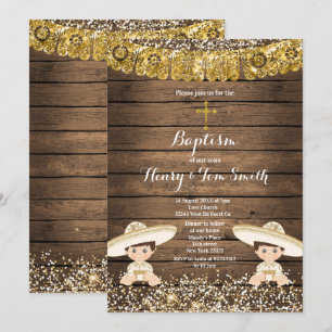 Twin Fiesta Boy Twin Baptism Christening Wood Invitation