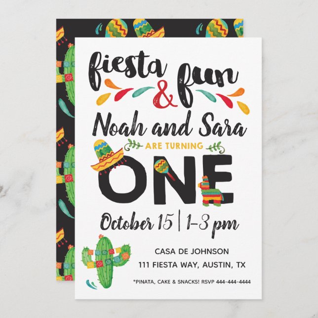 Twin Fiesta First Birthday Invitation (Front/Back)
