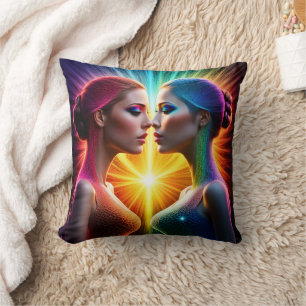 Twin Figures in Colourful Light Embrace Cushion