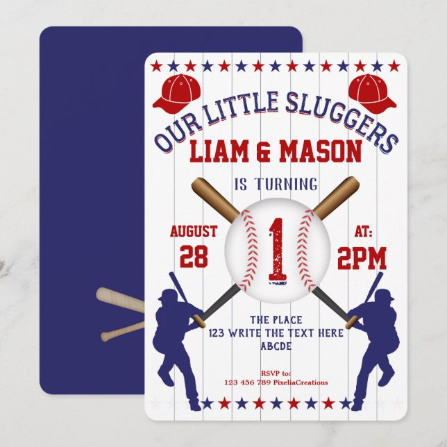 Twin, First, Baseball, Little Slugger Invitation (Front/Back)