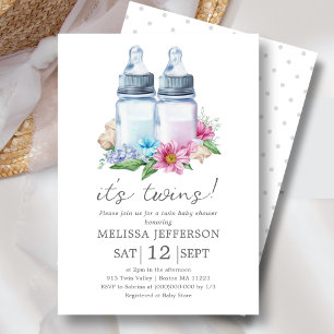 Twin Floral Milk Bottle Baby Shower Invitation