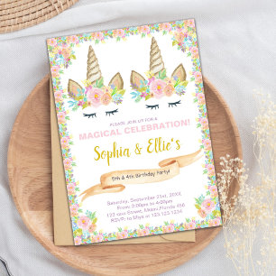 Twin Floral Unicorn Birthday Invitations 