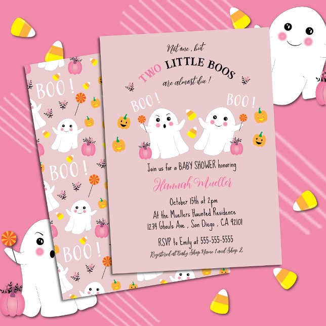 Twin Ghosts Halloween Baby Shower Pink Invitation (Adorable Twin Girls Baby Shower Invitation with a Halloween Theme .)