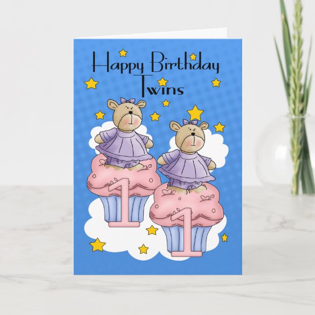 Twin Girl 1st Birthday Card, With Cupcake Bears Card (Front)