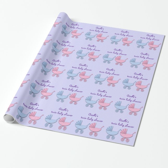 twin girl and boy polka dots baby strollers wrapping paper (Unrolled)