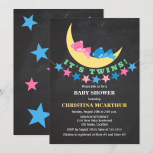 Twin Girl and Boy Teddy Bear Baby Shower Invitation