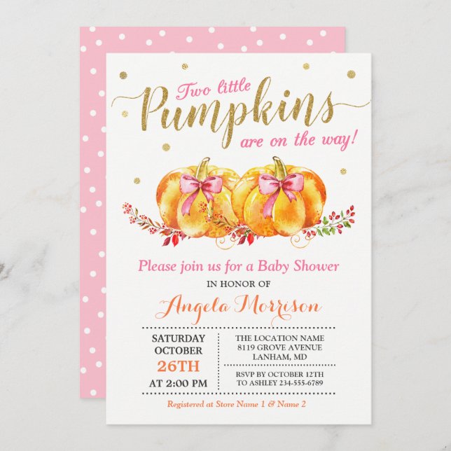 Twin Girl Baby Shower Cute Pink Little Pumpkin Invitation (Front/Back)