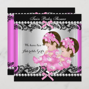 Twin Girl Baby Shower Hot Pink Cute Baby Girls Invitation