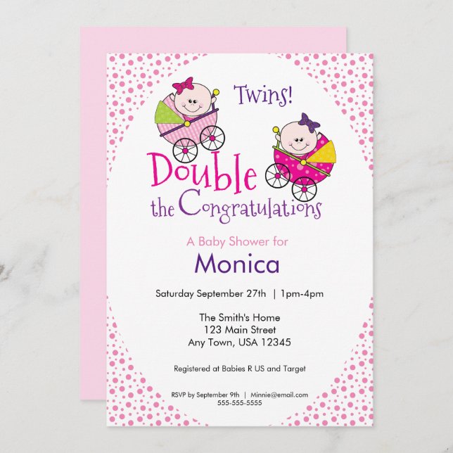 Twin Girl Baby Shower Invitation (Front/Back)