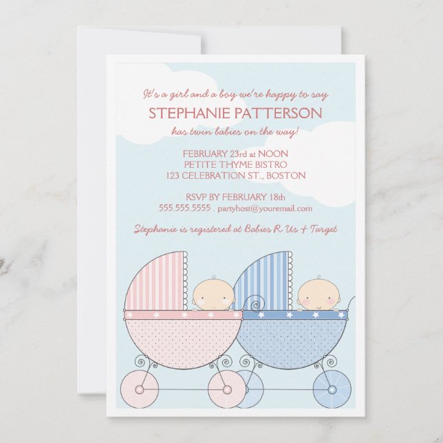 Twin Girl & Boy Carriage Happy Baby Shower Invitation (Front)