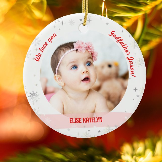 Twin Girl Boy Photo Godfather First Christmas Baby Ceramic Ornament (Modern Cute We love you, Godfather! First Christmas Twin Baby Girl and Boy. 2 Photos. Snowflakes)
