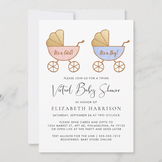 Twin Girl Boy Watercolor Virtual Baby Shower Invitation (Front)