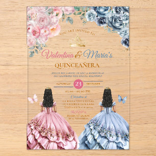 Twin Girl Dress Quinceañera 15 Anos Flowers Gold Acrylic Invitations