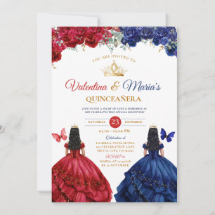 Twin Girl Dress Quinceañera 15 Anos Flowers Gold Invitation