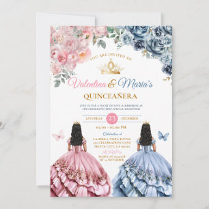 Twin Girl Dress Quinceañera 15 Anos Flowers Gold Invitation