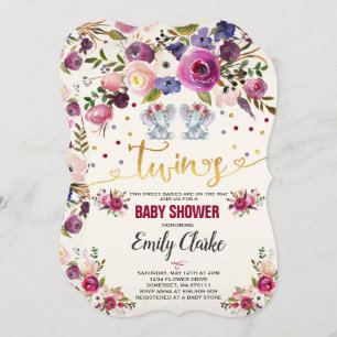 Twin Girl Elephant Baby Shower Invitation