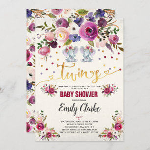 Twin Girl Elephant Baby Shower Invitation