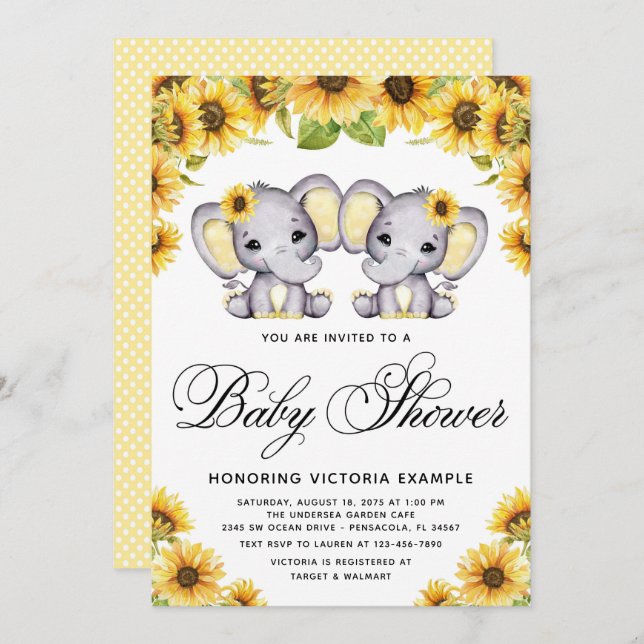 Twin Girl Elephant Sunflower Baby Shower Invitation (Front/Back)
