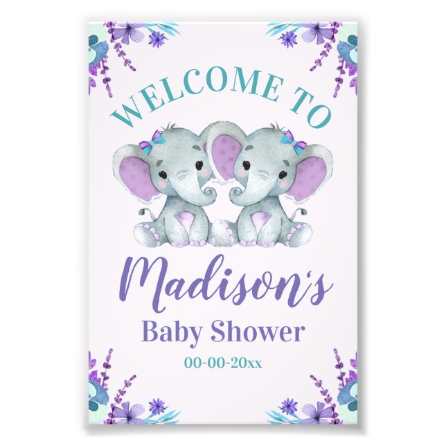 Twin Girl Elephant Welcome Sign Girl Shower Floral (Front)