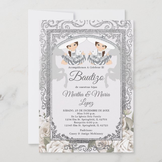 Twin Girl Fiesta Silver Charro Mexican Bautizo Invitation (Front)