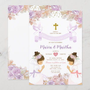 TWIN Girl First Holy Communion Purple Pink Floral Invitation